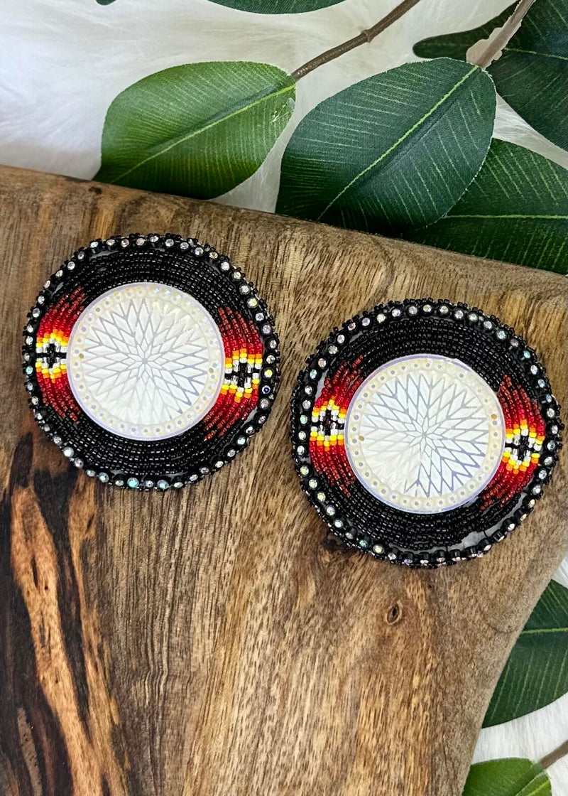 Large Feather Shield Beaded Earrings