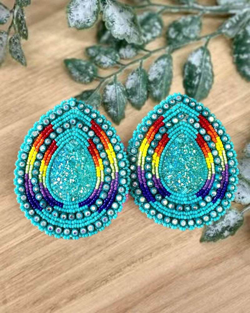 Rainbow Teardrop with Post Beaded Earrings