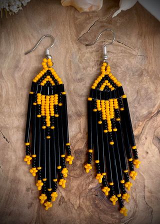 Black & Orange Bugle Beaded Earrings