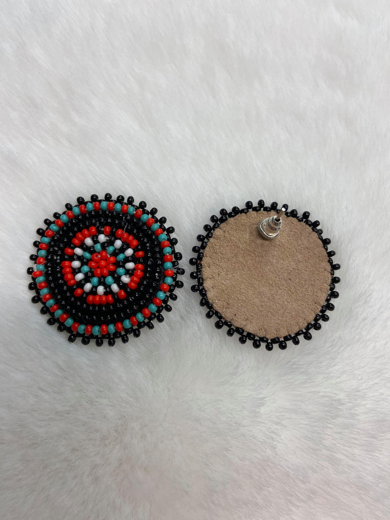 Black/Red/Teal Medallion Beaded Earrings