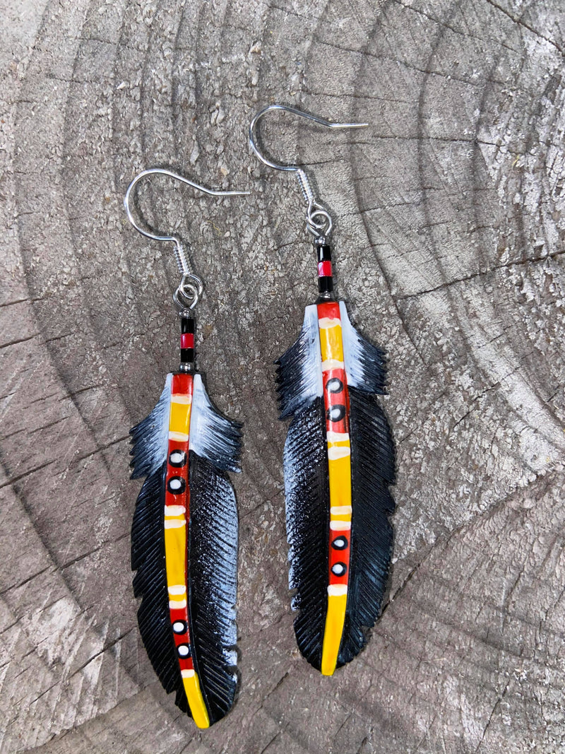 Black Painted Bone Feather Earrings