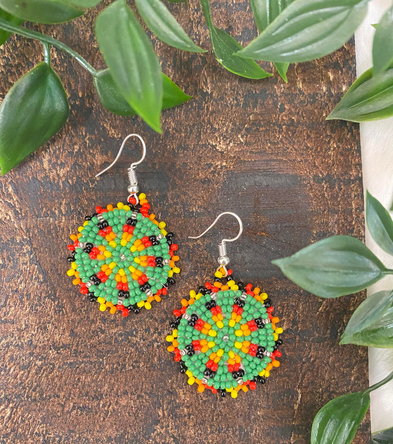 Small Green Medallion Beaded Earrings