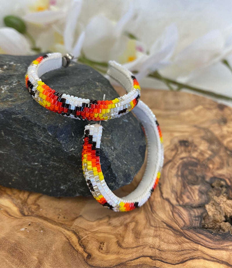 1 3/4”Beaded Feather Hoop Earrings