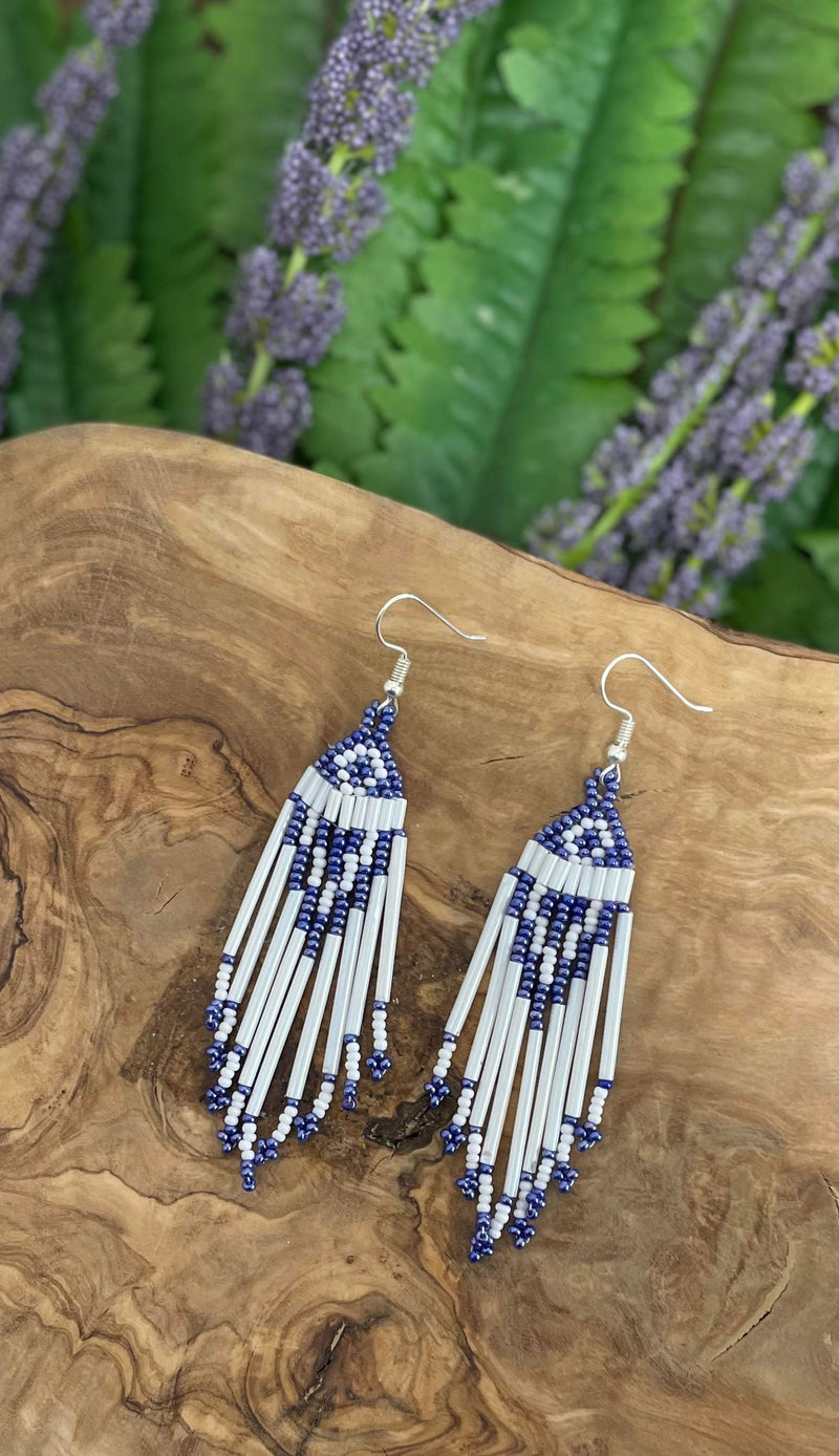 Blue & White Bugle Beaded Earrings