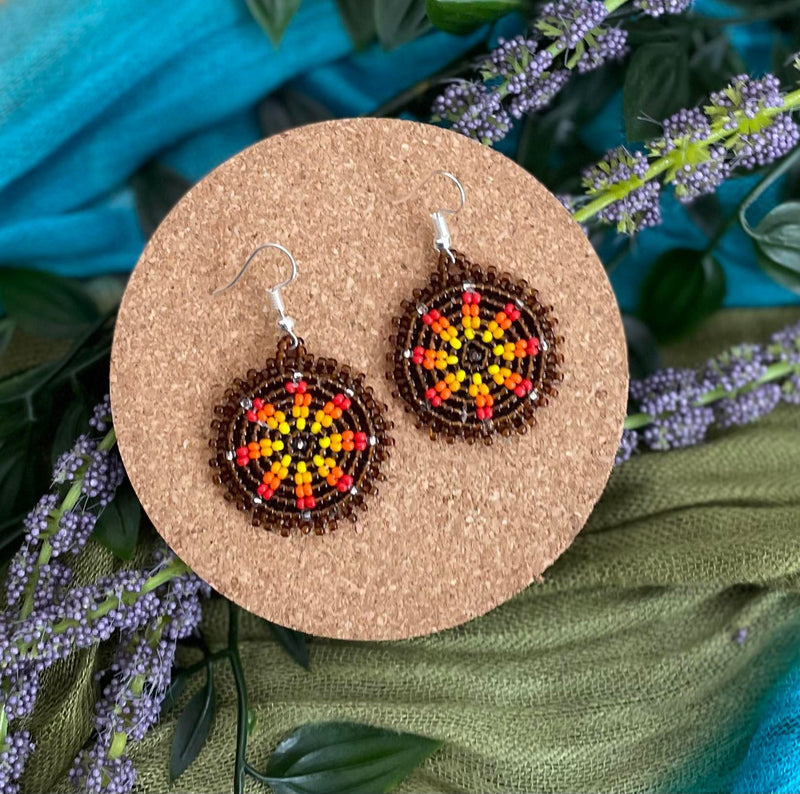 Brown Star Medallion Beaded Earrings