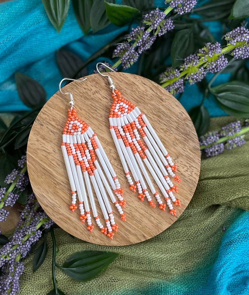 Orange & White Bugle Beaded Earrings