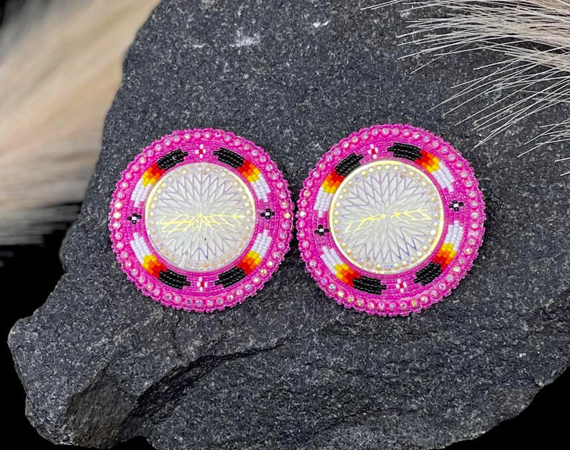 Large Feather Shield Beaded Earrings