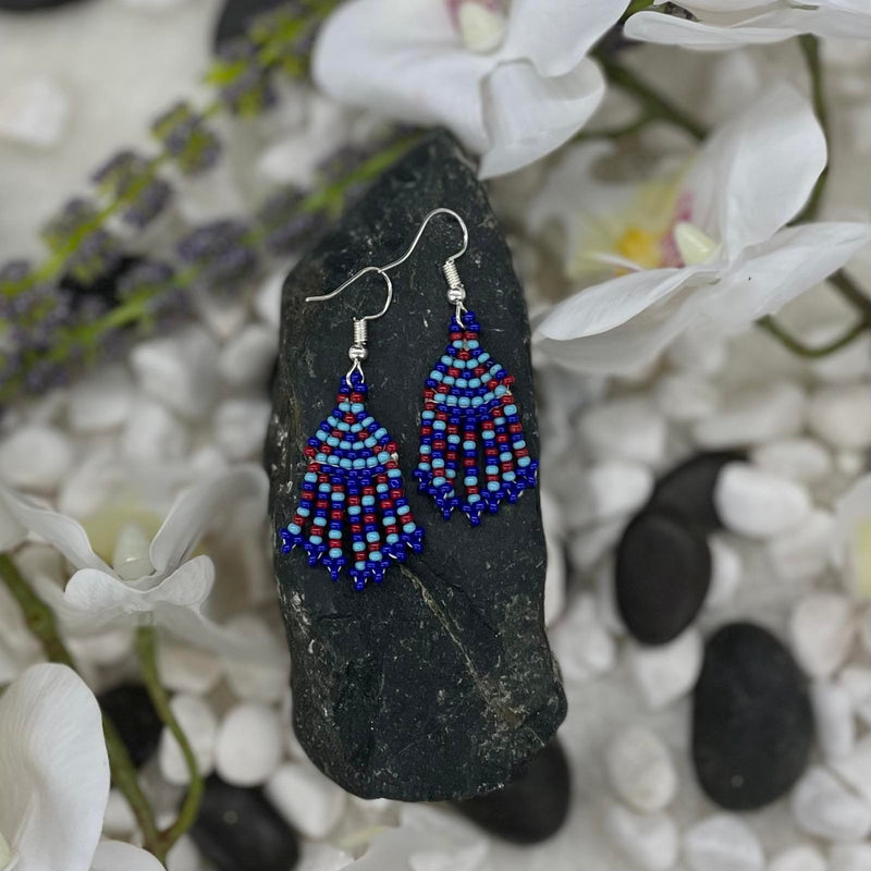 Blue & Red Small Beaded Dangle Earrings