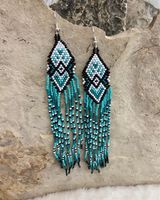 6" Turquoise With White Diamond Fringe Earrings