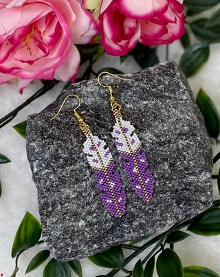 Gold Beaded Feather Earrings