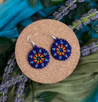 Navy Blue Medallion Beaded Earrings