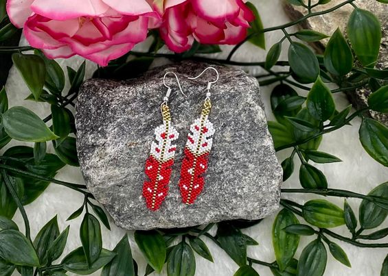 Gold Beaded Feather Earrings