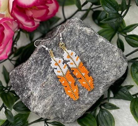 Gold Beaded Feather Earrings