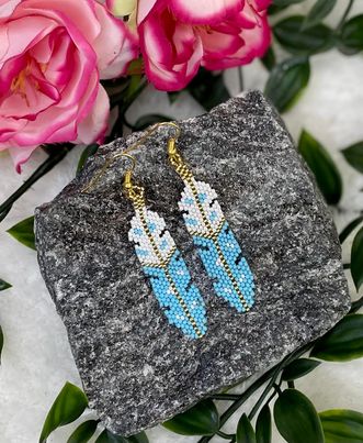 Gold Beaded Feather Earrings